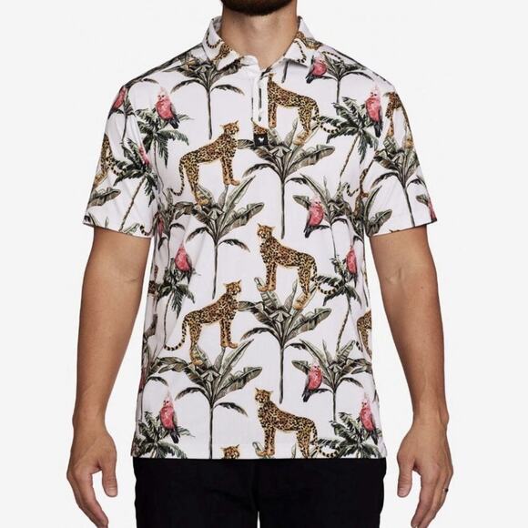 Bad Birdie Other - Bad Birdie Men's Performance Golf Polo Shirt Size Large Floral Cheetah Parrot